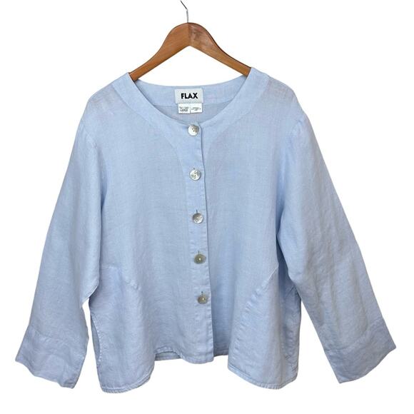 FLAX 100% Linen Light Blue Over Size Button Crew Neck Long Sleeve Pockets Sz L - Picture 1 of 14